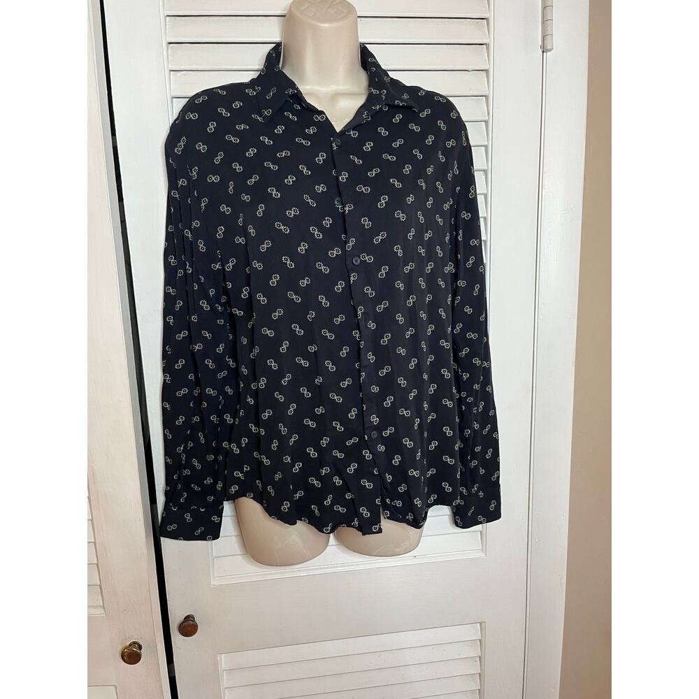 Denim & Flower by Ricky Singh navy ivory print  blouse size medium classic prepp